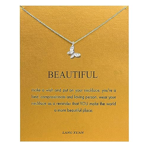 LANG XUAN Friendship Compass Necklace Good Luck Butterfly Pendant Chain Necklace with Message Card Gift Card for Women Girl