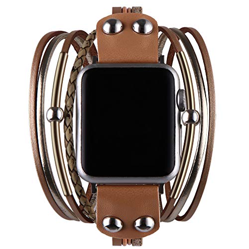 Vikoros Multi-Layer Leather Wrap Bracelet Compatible with Apple Watch Ultra SE Series 8 7 6 5 4 3 40mm 38mm 41mm for Women Mens, Boho Stylish Cuff Bangle Watch Strap for Iwatch Bands Brown S