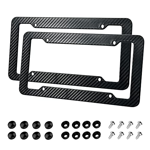 2 Pack License Plate Frames,Carbon Fiber License Plate Frame,Car Tag Cover for Front & Rear with Fasteners and Screws,4 Hole Universal Holder Waterproof Plastic Number Plate Frame