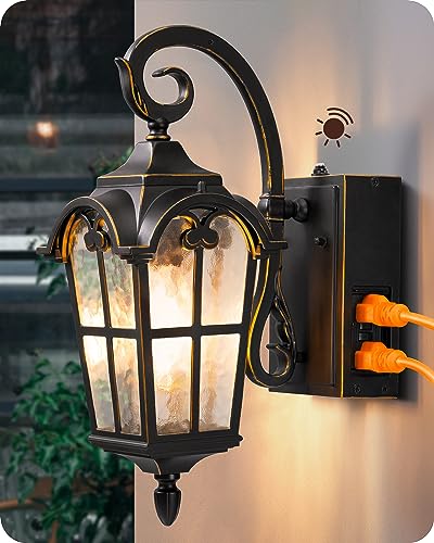 EDISHINE Dusk to Dawn Outdoor Wall Lights, Porch Light Fixture with GFCI Outlet, Exterior Wall Lantern with E26 Socket, Waterproof Outside Wall Sconce Wall Mount Lamp for Front Door, Patio, Garage