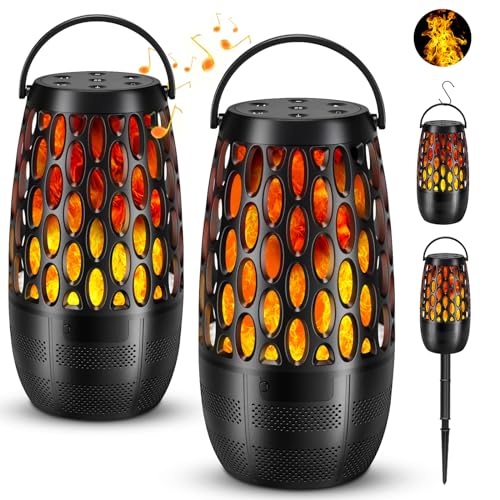 MOFOKEAY 2 Pack Outdoor Bluetooth Speakers,Waterproof Speakers with Stake & Hook,Sync Up to 100 Speakers,Torch Lantern for Patio Pool Party,Gifts for Men