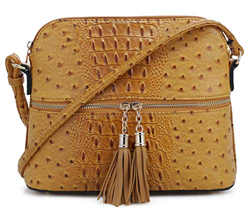 SG SUGU Crocodile Pattern Lightweight Medium Dome Crossbody Bag Shoulder Bag with Tassel | Mustard