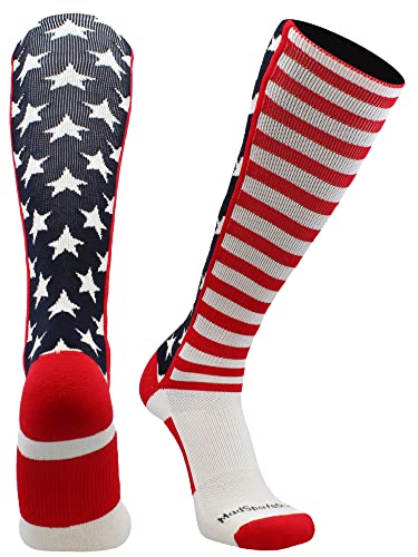 MadSportsStuff USA American Flag Stars and Stripes Over the Calf Socks (Navy/Red/White, Medium)