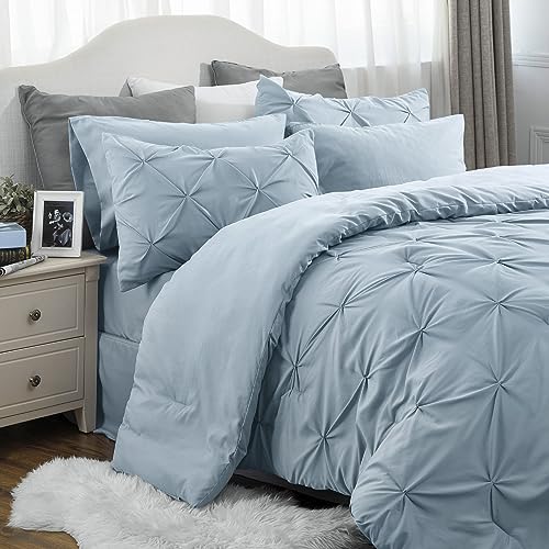 Bedsure Blue Comforter Set Queen - Bed in a Bag Queen 7 Pieces, Pintuck Bedding Sets Light Blue Bed Set with Comforter, Sheets, Pillowcases & Shams