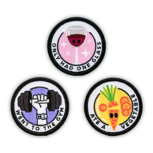 Winks For Days Adulting Merit Badge Embroidered Iron-On Patches (Health - Set 1) - Includes Three (3) 2' Patches: Went to The Gym, Only Had One Glass, and Ate a Vegetable