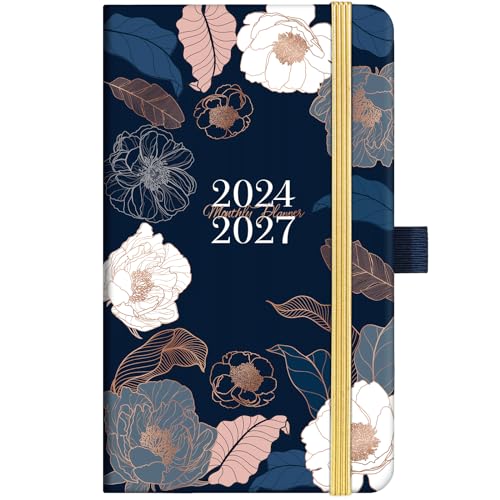 Pocket Planner/Calendar 2024-2027 - Monthly Pocket Planner/Calendar, Jul. 2024 - Jun. 2027, 3.8' x 6.4', 3 Year Monthly Planner with Inner Pocket & Pen Hold - Engraved Art Floral