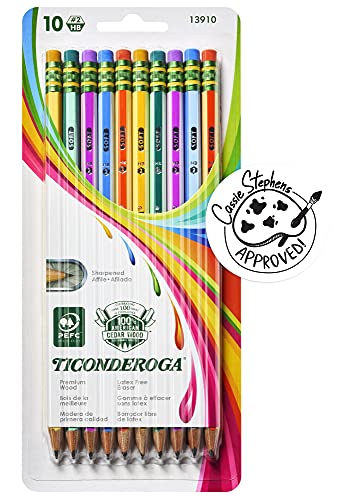 Ticonderoga X13910 Striped Wood-Cased Pencils, 2 HB Soft, Pre-Sharpened, 10 Count, Assorted Colors
