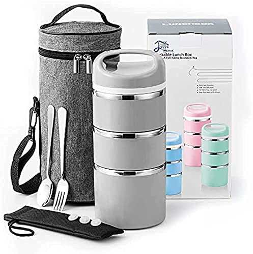Lille Home Stackable Stainless Steel Thermal Compartment Lunch/Snack Box, 3-Tier Insulated Bento/Food Container with Lunch Bag, Cutlery Set and 3 Extra Seals, 43OZ (Gray)