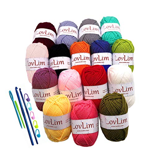 LovLim Crochet Yarn kit, 16 Soft Cotton Yarn Skeins,1000+ Yards, for Crochet and Knitting, Free Crochet/Amigurumi Patterns, Craft DK Yarn Perfect Starter Kit