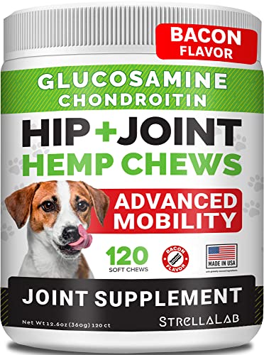 Hemp + Glucosamine Dog Joint Supplement - Hemp Chews for Dogs Hip Joint Pain Relief - Omega 3, Chondroitin, MSM - Advanced Mobility Hemp Oil Treats - Bacon Flavor - 120 Ct - Made in USA