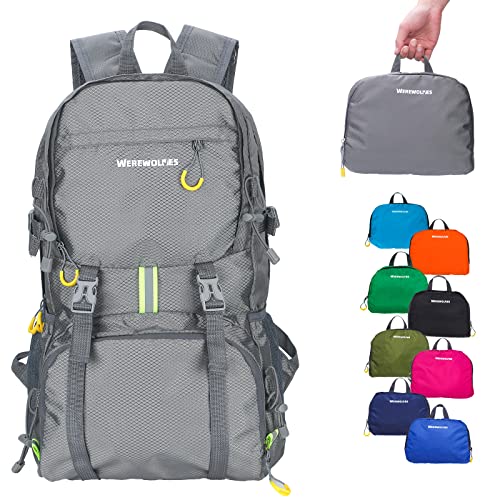 WEREWOLVES Lightweight Waterproof Foldable Small Backpack - Water Resistant Hiking Daypack for Outdoor Camping Travel (35L, Grey)