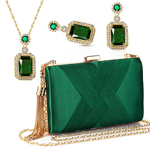 Jadive 3 Pcs Women Green Clutch Emerald Green Purse Handbag Evening Purses Bag for Wedding Vintage Banquet Handbag Retro Earrings Necklace Jewelry Set