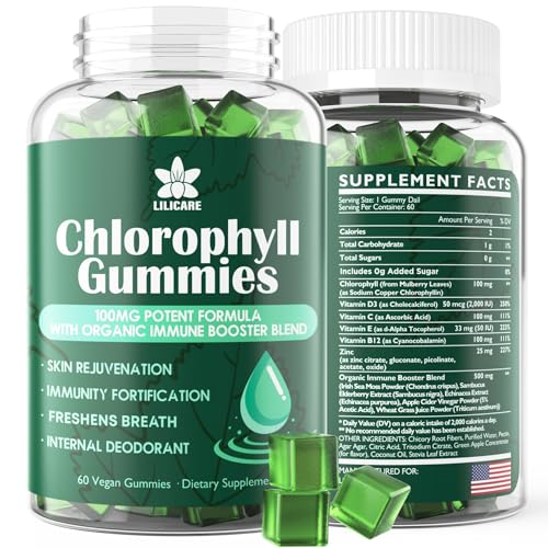 Sugar Free Chlorophyll Gummies - with Unfiltered ACV, Sea Moss & Elderberry, Echinacea, Vitamin D3, C, E, B12 - Natural Deodorant, Breathe Fresh, Immune & Digestion Support, Vegan Delicious Chews 60Ct