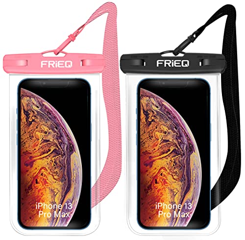 FRiEQ Waterproof Phone Pouch Bag - 2 Pack, Universal IPX8 Waterproof Phone Case Dry Bag with Lanyard for iPhone 15/14/13/12/11 Pro Max Samsung Galaxy S22 S20 and More Up to 7' (Black and Pink)