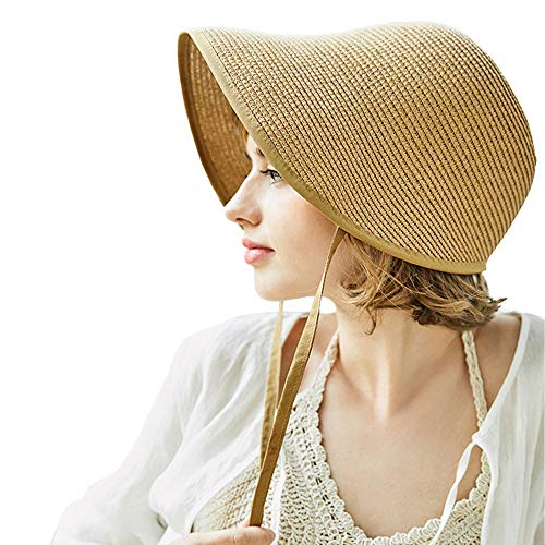 F FADVES French Straw Bonnet Cap for Women Victorian Sun Hat Chin Strap Foldable Light Khaki