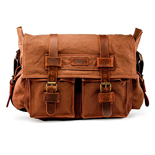 Gearonic TM Vintage Canvas Leather Messenger Bag for 17 Inch Laptop, Coffee