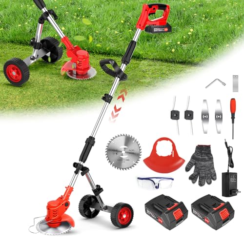 Lemolifys Electric Weed Wacker with Wheels, 2000mAh 21V Battery Operated Weed Eater Cordless, 3 in 1 Lightweight Edger Brush Cutter Weed Trimmer, Stringless Grass Trimmer Mower w/ 2 Battery 1 Charger