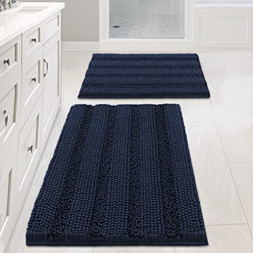 H.VERSAILTEX Navy Blue Bathroom Rugs 2 Piece, Bath Mat Set Slip-Resistant Extra Absorbent Soft and Fluffy Striped Chenille Bath Rugs, Floor Mats Dry Fast Machine Washable (20' x 32'/17' x 24')