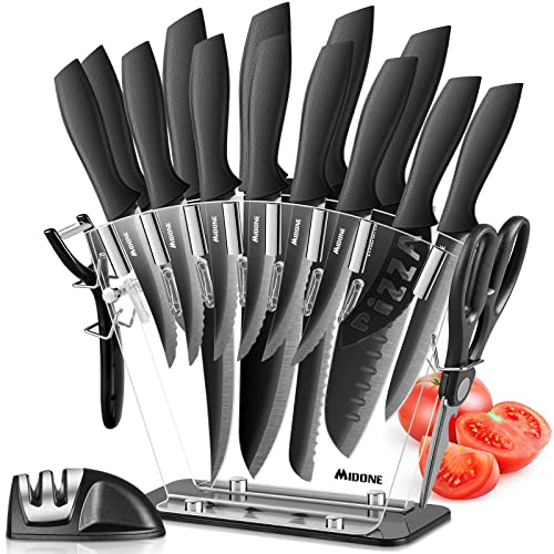 MIDONE Kitchen Knife Set with Acrylic Block, 17 PCS German Stainless Steel, includes Multiple Variety of Knives, Scissor, Sharpener, All in One Knife Set, Nonstick and No Scratch, Black