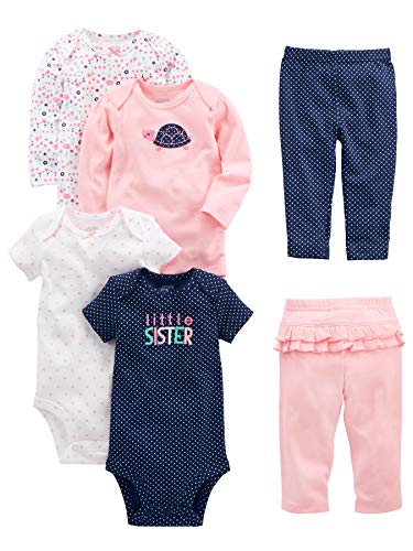 Simple Joys by Carter's Baby Girls 6-Piece Bodysuits (Short and Long Sleeve) and Pants Set, Multicolor/Dots/Floral/Hearts/Turtle, 0-3 Months