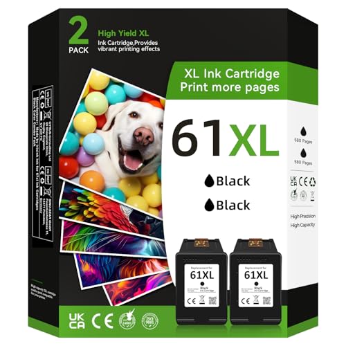 CKMY 61XL Printer Ink for HP 61 Black Ink Cartridges for HP 61XL Replacement Fit for Envy 4500 5530 4502 5535 for officejet 4630 4635 for Deskjet 1000 1010 1512 Printer (2 Pack, 2 Black)