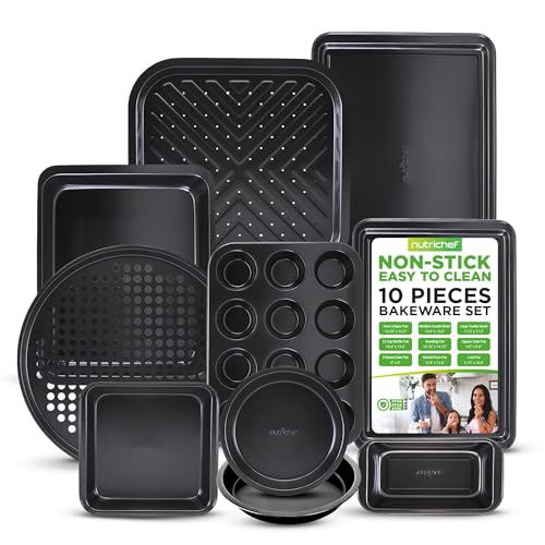 NutriChef 10-Piece Non-Stick Baking Pans Set - Deluxe Carbon Steel Bakeware Set w/ Cookie Sheets, Muffin Pan, Roasting Pan, Cake Pan, Baking Tray, Pizza Pan - Easy to Clean, Black