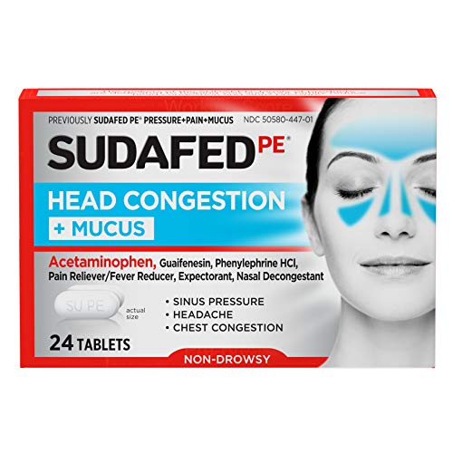 Sudafed PE Head Congestion + Mucus Tablets for Sinus Pressure, Pain & Congestion, 24 ct