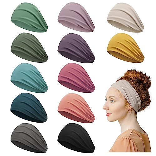 Z-CHARMMY Wide Headbands for Women Non Slip, Yoga Head Bands for Women's Hair, Stretchy Fashion Hair Bands for Girls, Sweat Headbands for Workout, 12 Pieces
