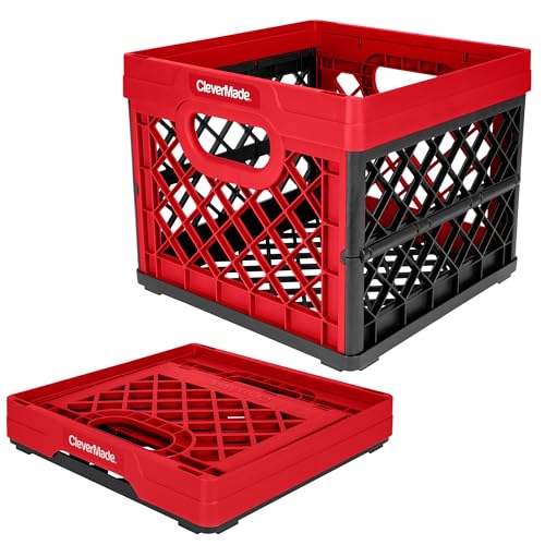 CleverMade Collapsible Milk Crate, Red, 1PK - 25L (6 Gal) Stackable Storage Bins, Holds 50lbs Per Bin - Clevercrates are Heavy Duty, Plastic Collapsible Storage Crate for Multi Purposes