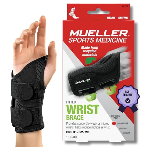 MUELLER Sports Medicine Green Fitted Wrist Brace for Men and Women, Support and Compression for Carpal Tunnel Syndrome, Tendinitis, and Arthritis, Right Hand, Black, Small/Medium
