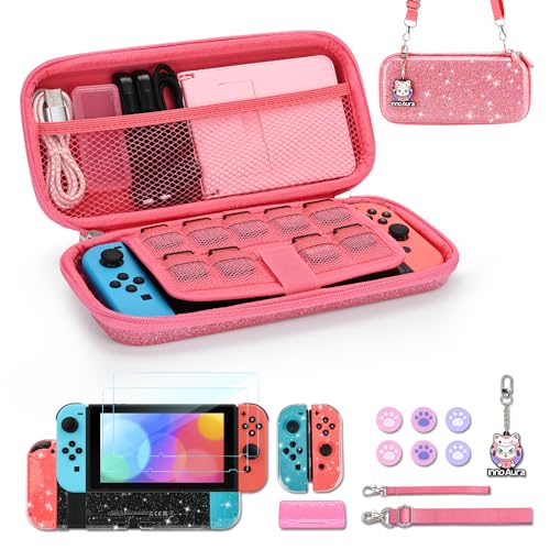 Switch Case for NS Switch, innoAura 16 in 1 Switch Carrying Case, Switch Accessories Set with Switch Protective Case, Switch Game Case, Switch Thumb Caps, Switch Screen Protector (Sequins Pink)