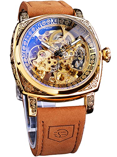 FORSINING Square Luxury Retro Mechanical Watch for Men, Gorgeous Hollow Skeleton Self-Wind Carved Automatic Watches Vintage Leather Strap Wristwatch