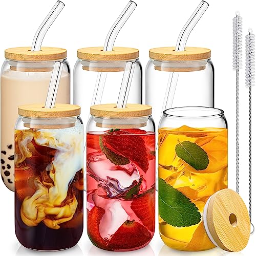 6 Pcs Drinking Glasses with Bamboo Lids and Glass Straw - 16 Oz Can Shaped Glass Cups for Beer, Ice Coffee, Cute Tumbler Cup Great for Soda Boba Tea Cocktail Include 2 Cleaning Brushes