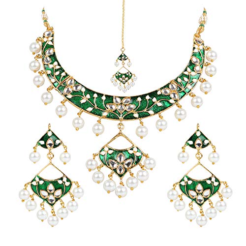 I Jewels 18k Gold Plated Indian Wedding Bollywood Kundan Meenakari Necklace Jewelry Set for Women (M4084G)