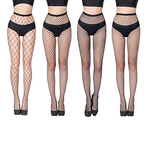 GARTOL High Waisted Fishnet Tights Stockings Women, 4 Pairs High Waist Sheer Fishnets Pantyhose (Black, One Size)