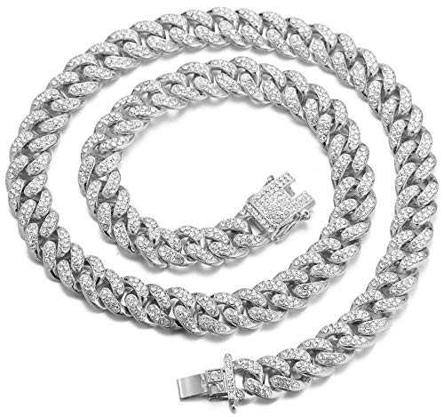 Halukakah Men's Gold Cuban Link Chain, 13MM Iced Out Miami Style, Platinum White Gold Finish Necklace 24', Full CZ Diamond Cut Prong Set, Comes with Gift Box