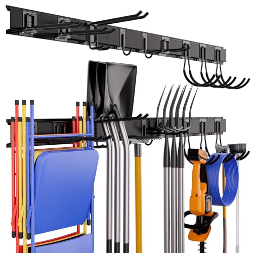 INCLY Garage Garden Tool Organizer Wall Mount, 64 Inch Yard Tool Broom Holder Metal Stroage System, Heavy Duty Garage Wall Organization with 3 Racks & 9 Adjustable Hooks for Shovel, Rake, Chair