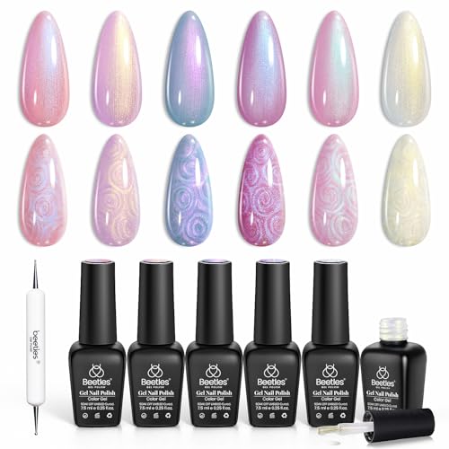 Beetles Pearl Gel Nail Polish, 6 Colors Shimmer Pearl White Pink Purple Mermaid Nail Drawing Spring Summer Gel Polish Soak Off Uv Led Gel Polish Swirl Shell Thread Effect DIY Manicure Gift for Mom