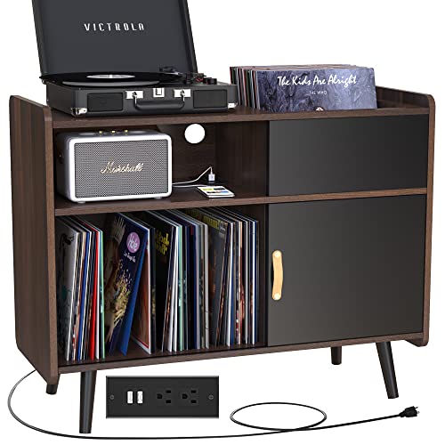 GDLF Large Record Player Stand, Vinyl Record Storage Cabinet with Power Outlet, Record Player Table Holds up to 350 Albums, Turntable Stand with Wood Legs for Living Room,Bedroom,Office