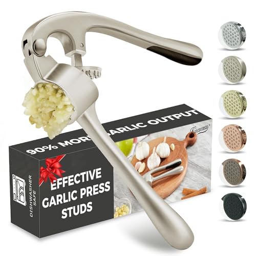 Kitessensu High Effective Garlic Press With Studs, Heavy Duty Garlic Mincer, Easy to Squeeze and Clean, Rust Proof & Dishwasher Safe, Ginger Crusher- Imperial Silver