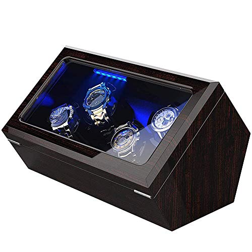 INCLAKE High End Watch Winder, 4 Watch Winders for Automatic Watches with Super Quiet Motor, Blue LED Light & 4 Rotation Mode Setting, Watch Winder for Rolex with Flexible Pillow, AC Adapter
