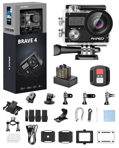 AKASO Brave 4 Action Camera 4K 30fps Ultra HD WiFi Sport Cameras with 170° FOV, Image Stabilization, 131FT Waterproof Underwater Camera with 2x1050mAh Batteries, Bicycle Accessories Kit