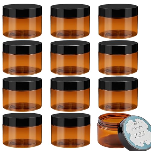 Qeirudu 4 oz Amber Plastic Jars with Lids and Labels, 12 Pack Empty Brown Body Butter Containers for Cosmetic Beauty Products, Body Scrub, Creams and Lotion