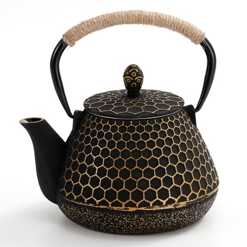 Cast Iron Teapot with Teapot Lid Clip - MIDIMORI Japanese Cast Iron Tea Kettle Stovetop Coated with Enameled Interior, Honeycomb Pattern Tea Pot with Infusers for Loose Tea (34 Ounce /1000 ml)