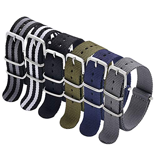 Carty 6 Pack Military Nylon Straps 20mm watch strap nylon Nylon Watch Bands 11'(Black Grey Stripes+ Black White Stripe+Black+Army Green+Navy Blue+Grey)