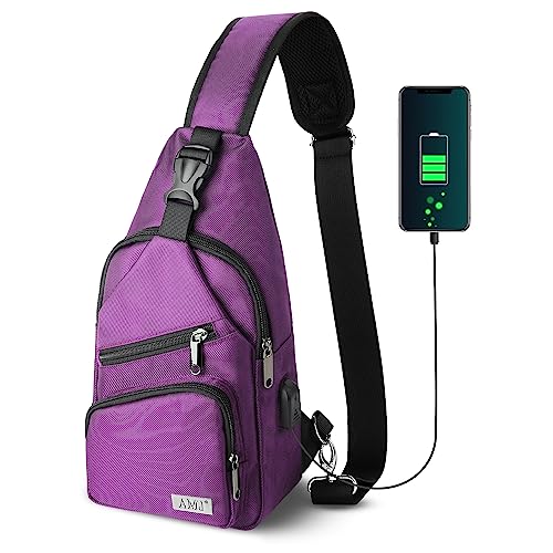 AMJ Crossbody Sling Bag Men Women, Casual Shoulder Backpack, Chest Daypack Satchel for Hiking Travel (Small, Purple)