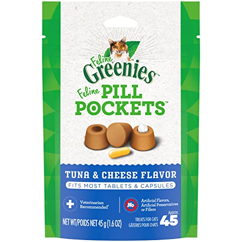 Greenies Feline Pill Pockets for Cats Natural Soft Cat Treats, Tuna & Cheese Flavor, 1.6 oz. Pack (45 Treats)