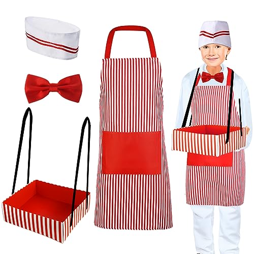 SATINIOR 4 Pcs Kids Waiter Costume Kit Soda Jerk Circus Costume Including Movie Night Snack Tray Hat Apron Tie for Carnivals Party Cosplay