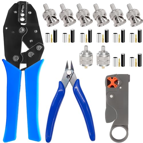 mxuteuk Coaxial Cable Tool Set,Coax RF Connector Crimping Tool + Coaxial Cable Stripper + Wire Cutter + 8PCS BNC/UHF Crimp Male/Straight Connectors for RG58/RG59/RG62/RG174