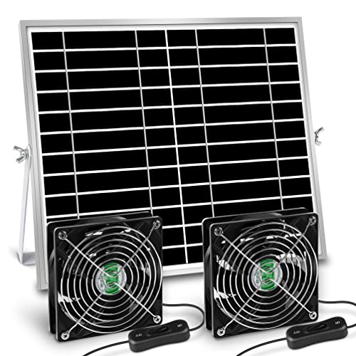 erifyng Solar Powered Fan, Solar Fan for Shed, Chicken Coop, Greenhouse, Outside with Two IPX7 Waterproof 5In Fans 13Ft On/Off Switch Cable Exhaust Intake Mounting Way and Installation Kits